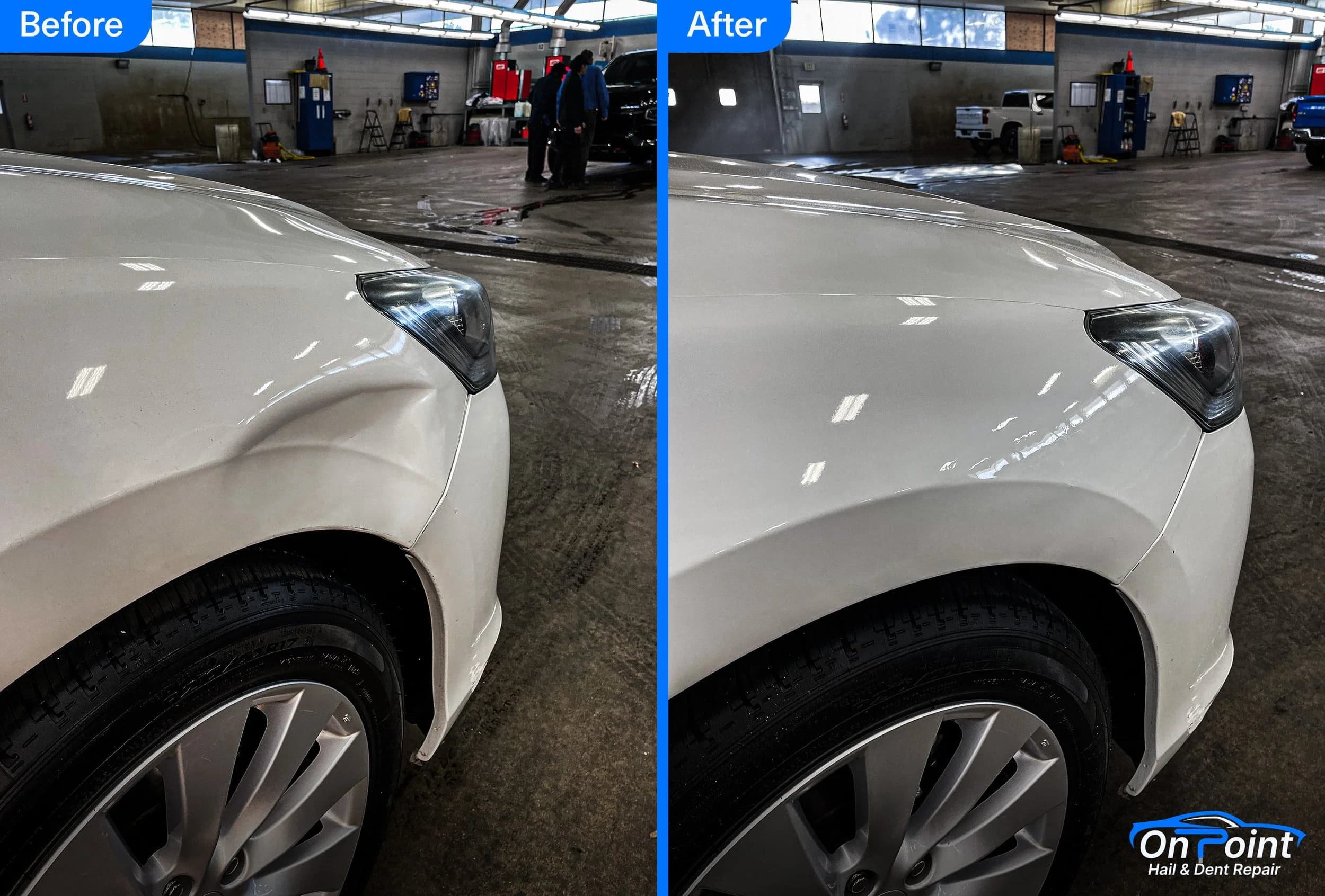 Side view of a white car showing a before and after dent repair.