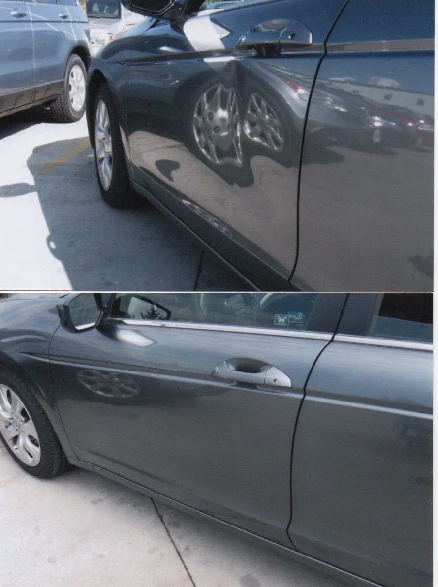 Comparative photo of two gray car doors, one with a dent and the other undamaged.
