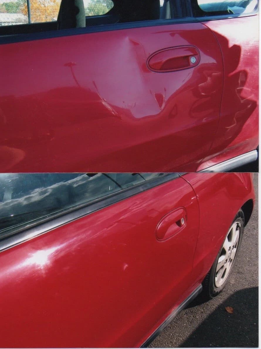 A red car with a visible dent on the driver side door, showing before and after damage repair.