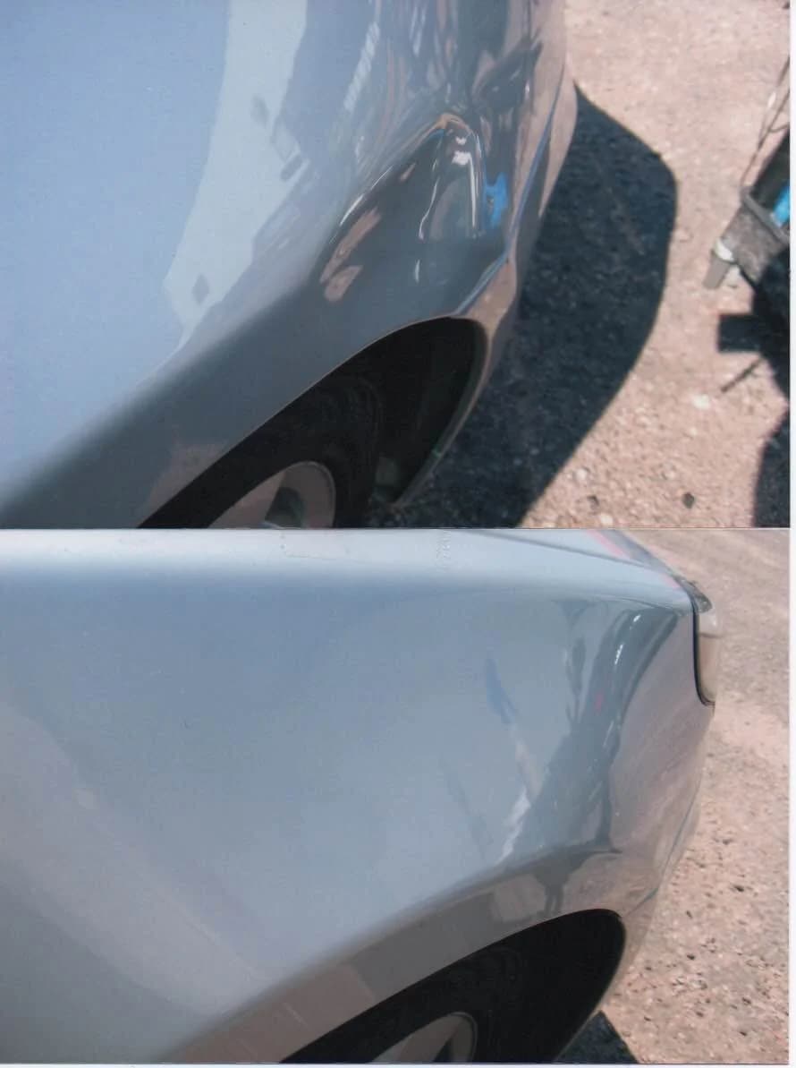 Comparison of a car fender before and after repair.