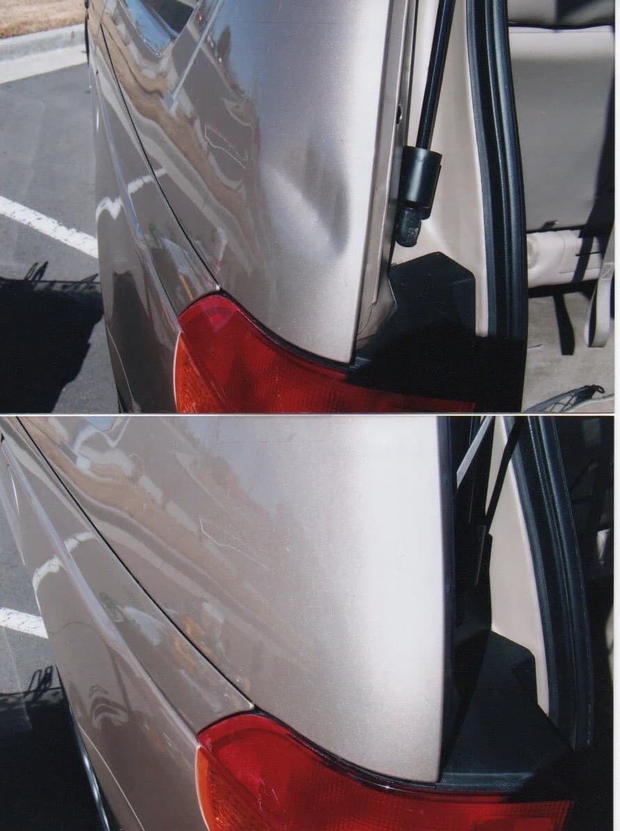 Comparison of a silver hatchback before and after repair.